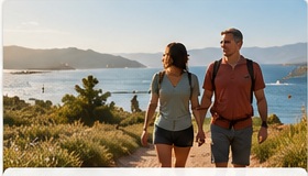 Active adults hiking outdoors