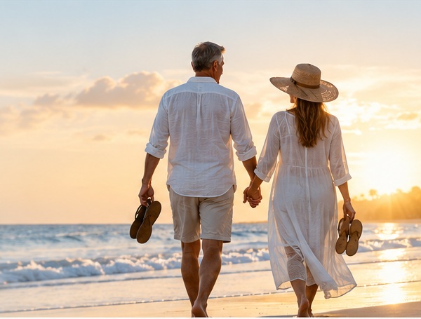 Active older couple walking together on a Florida beach at sunset